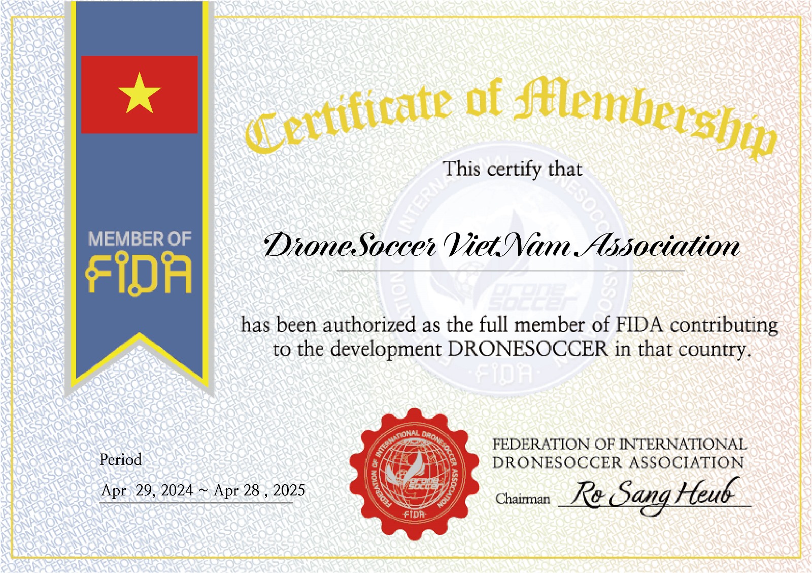 (Chứng nhận thành viên của Liên đoàn Hiệp hội DroneSoccer Quốc tế)